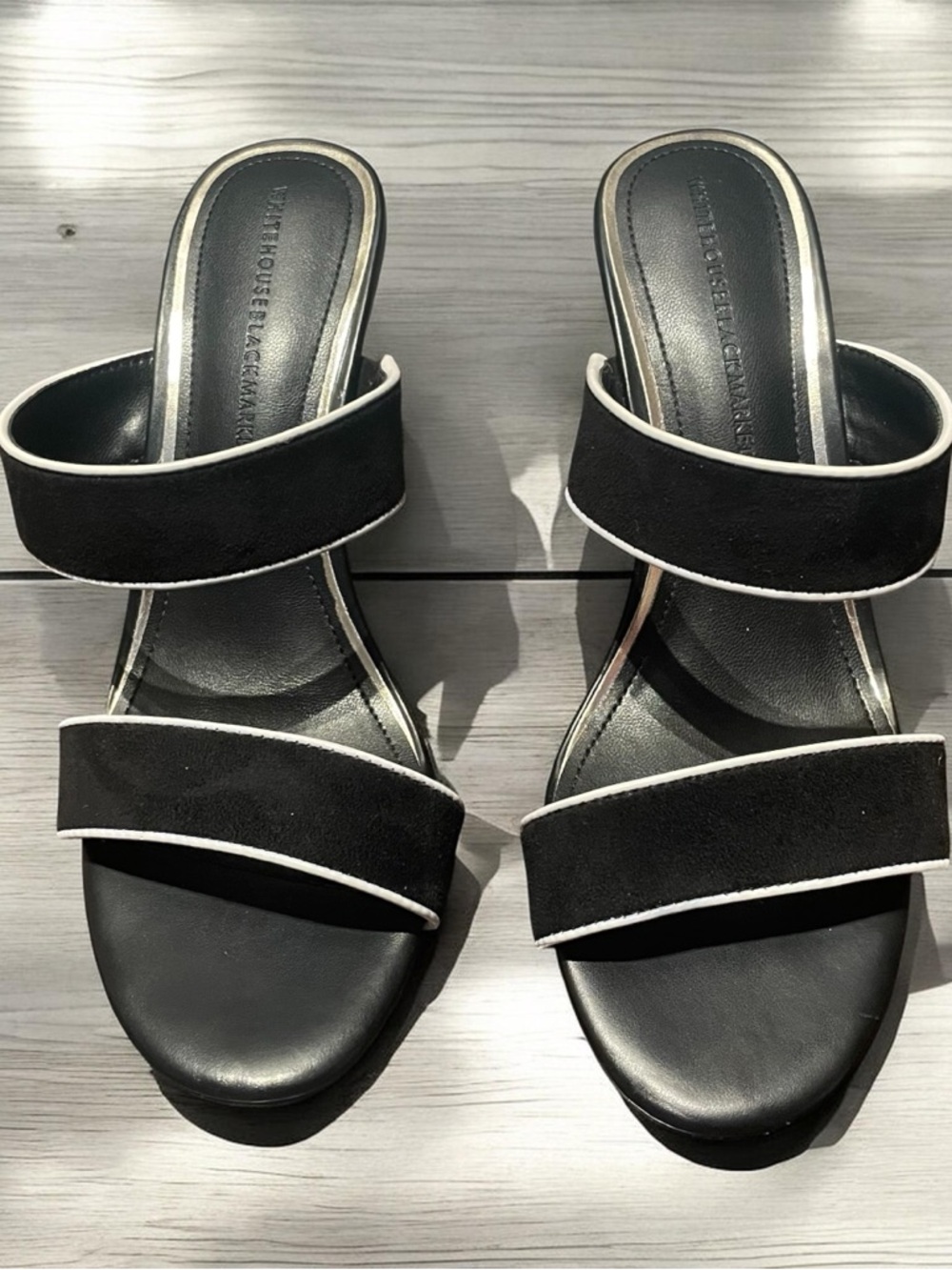White House Black Market Black High Heel Sandals with White Piping